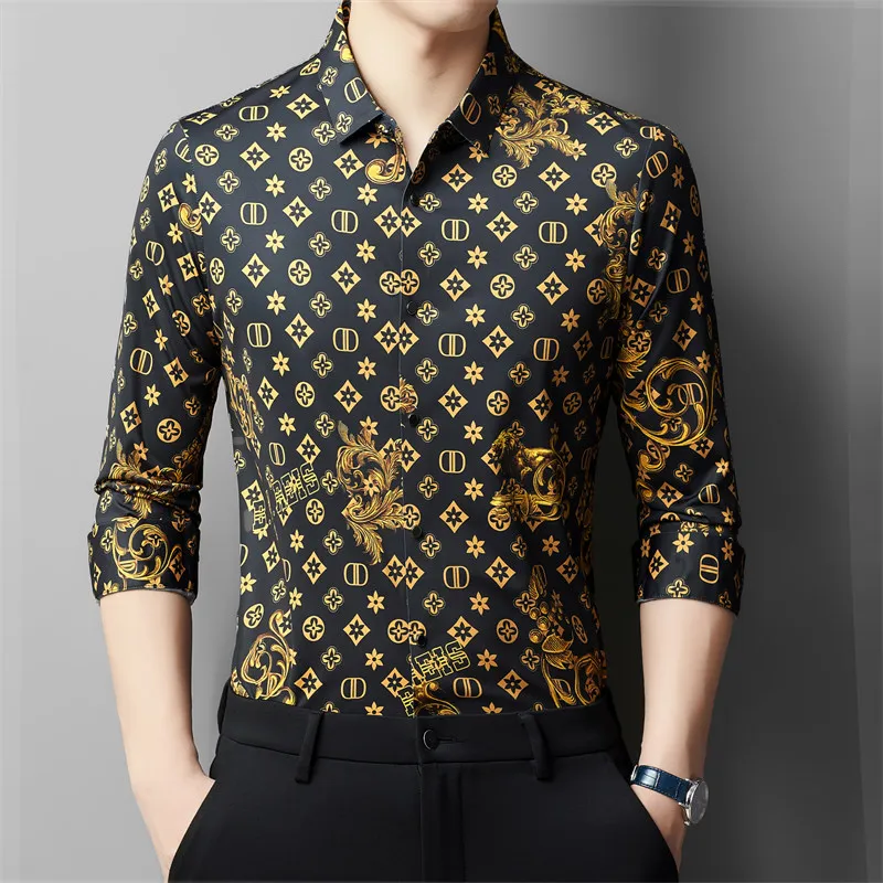 

High End Luxury Gold Printed Designer Clothes Mens Green Are Unusual Fashionable Shirts Blouse Large Size Stylish Men's Clothing