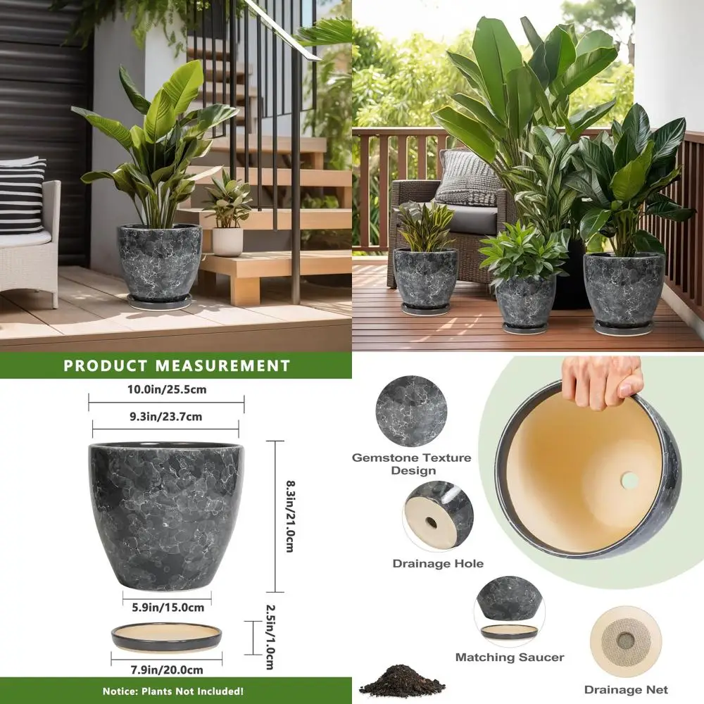 

10 Inch Round Decorative Planter Pot with Drainage for Indoor/Outdoor Use, Grey, Ideal for Garden, Patio, Living Room Decor, and