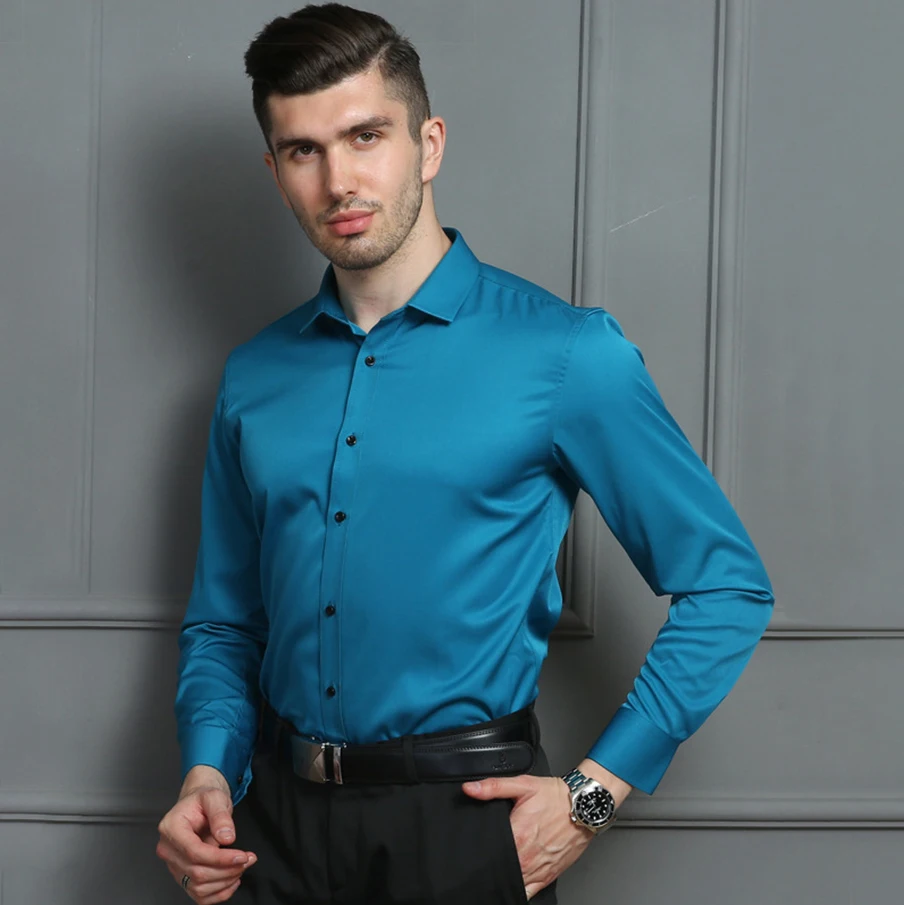 Stretch Non-iron Anti-wrinkle Shirt Mens Long Sleeve Business Formal Dress Shirt Slim Fit Casual Button Up Easy Care Shirts