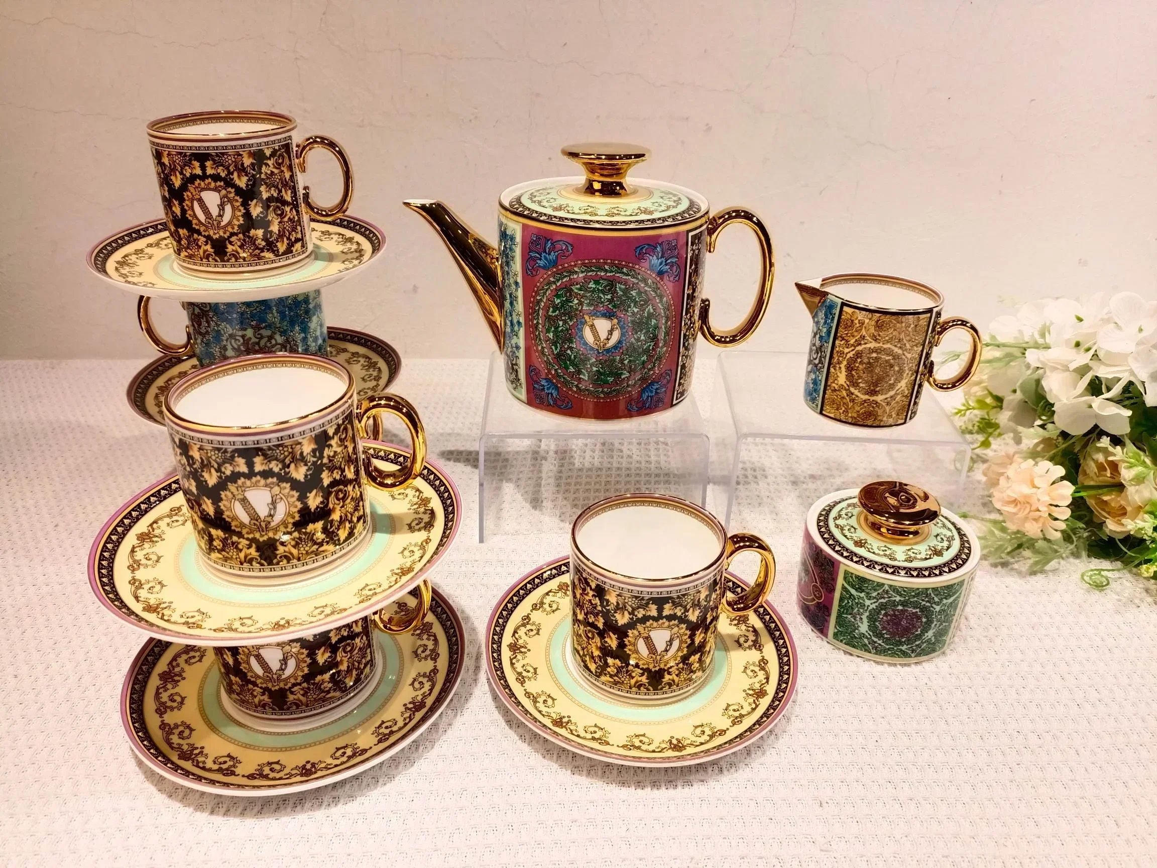 

cross-borderHot salesNew European color pattern 15-piece ceramic tea coffee set