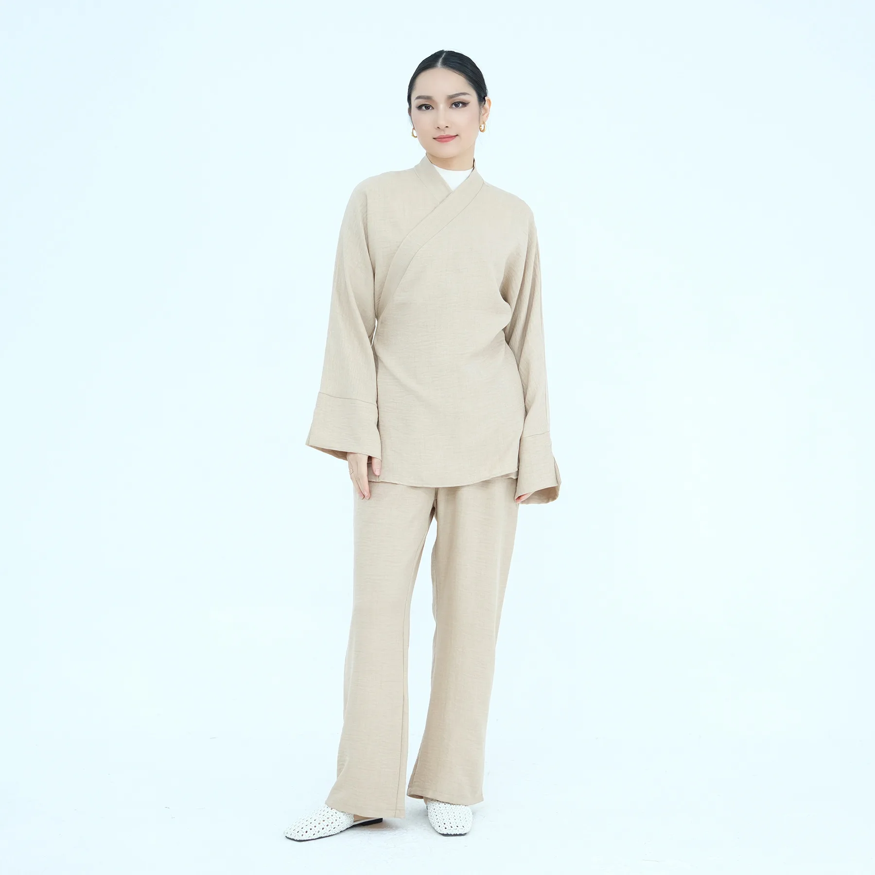 

Modest Muslim 2 Piece Set for Women Dubai Tunic Top Pants Ramadan Turkey Lace Up Trousers Matching Outfit Islamic Clothing Loose