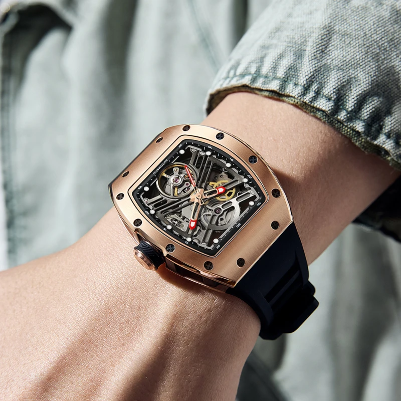 Luxury Men's Rectangle Automatic Watch Fashion Skeleton Mechanical Wristwatch Sapphire Tonneau Clock