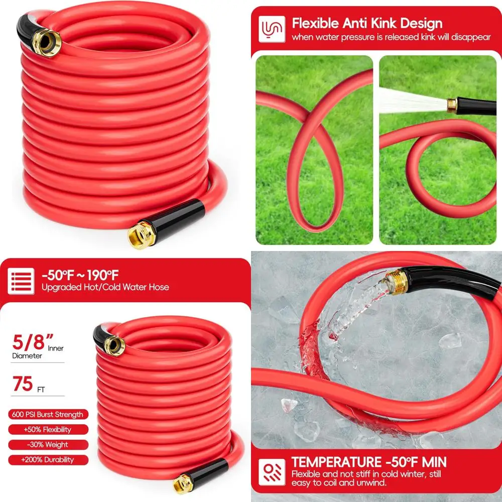 

Flexible Heavy-Duty Red 5/8 x 75ft Garden Hose for Hot/Cold Water, Temperature Range -50℉ to 190℉, with 3/4 Brass Fittings, Ligh