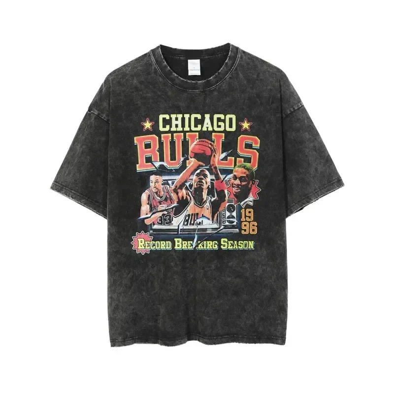 Camisetas con estampado de Bulls para hombre, ropa de calle Vintage lavada, camiseta de estrella de baloncesto de Chicago, informales de moda Hip Hop camisetas, camisetas 100% algodón