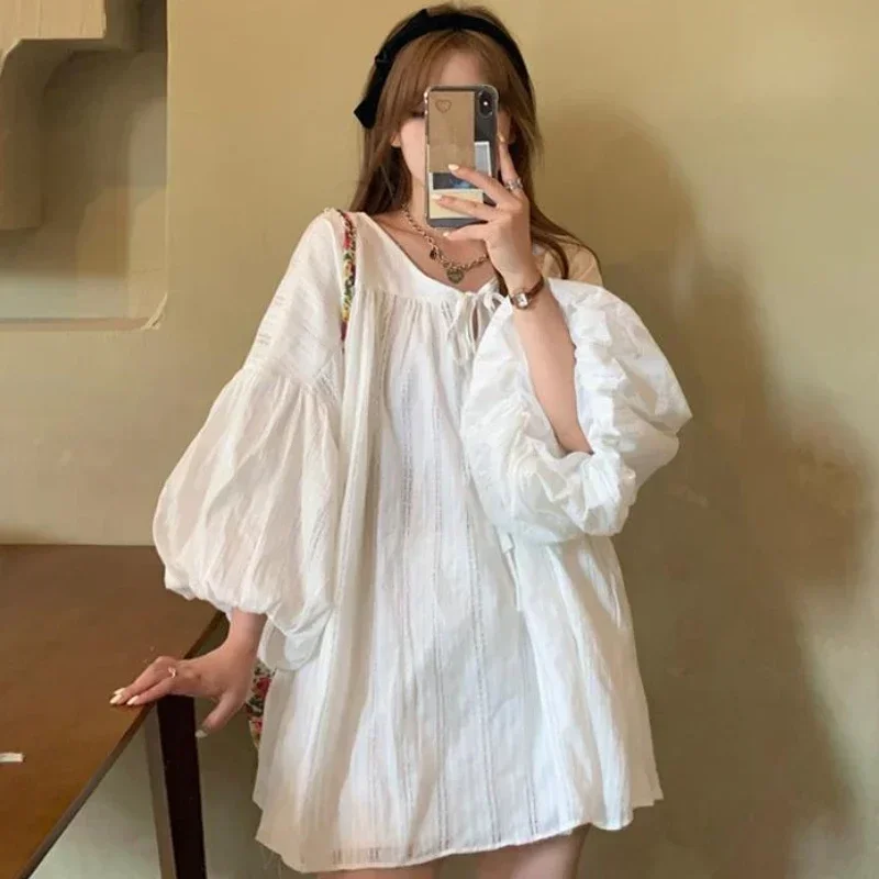 

Summer Shirts Women Long Lantern Sleeve Female Tops Streetwear Preppy Style Sweet Loose Solid Ladies Blouses All-match Trendy