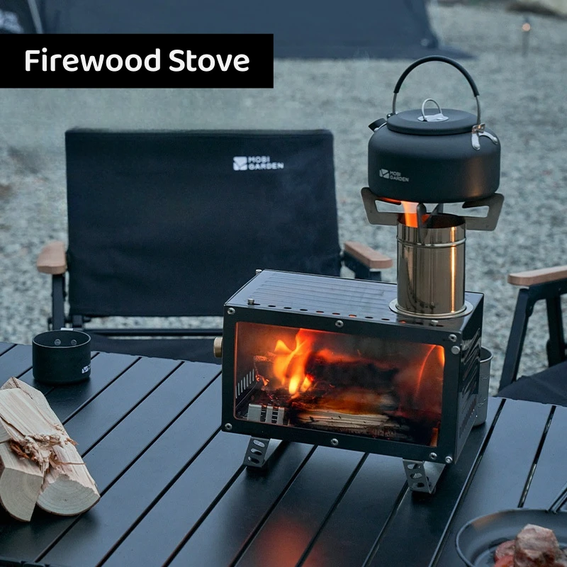 Outdoor Camping Heating Stove Winter Portable Stainless Steel Wood Stove with Schott Glass Tea Cooking Firewood Stove New