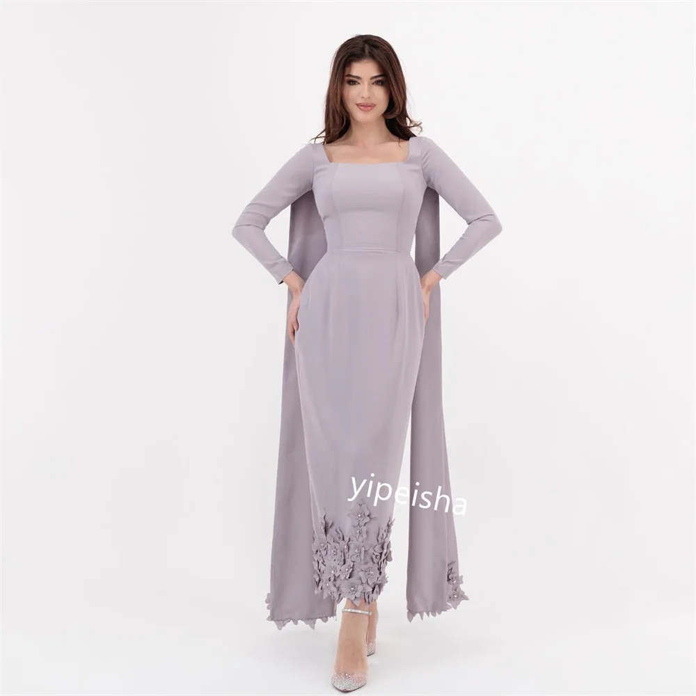  Evening Jersey Applique Button Party A-line Square Neck Bespoke Occasion Gown Midi Dresses   