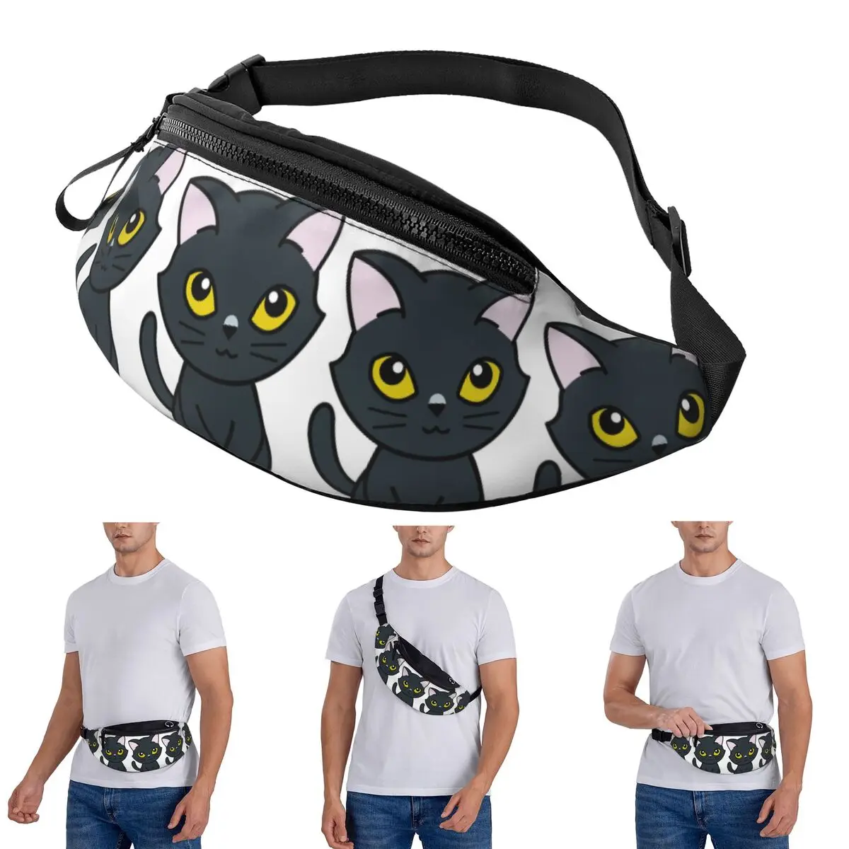 Riñonera cruzada con bonito gato negro y ojos amarillos para hombre y mujer, riñonera de viaje para correr, dinero, bolsa para teléfono