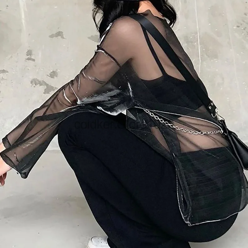 New Summer Fashion See Through Tshirt for Women Sexy O-Neck Long Sleeve T Shirt Female Y2K Harajuku Nightclub Wear Egirl Tees