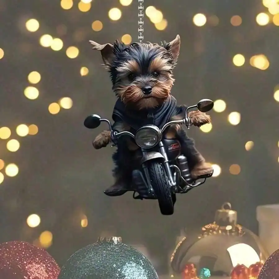 1PC 2D Laser-Cut Acrylic Yorkie&Motorcycle Ornament, Pet Decor for Car Mirror, Wall & Backpack, Cute Home Accent for Pet Lovers