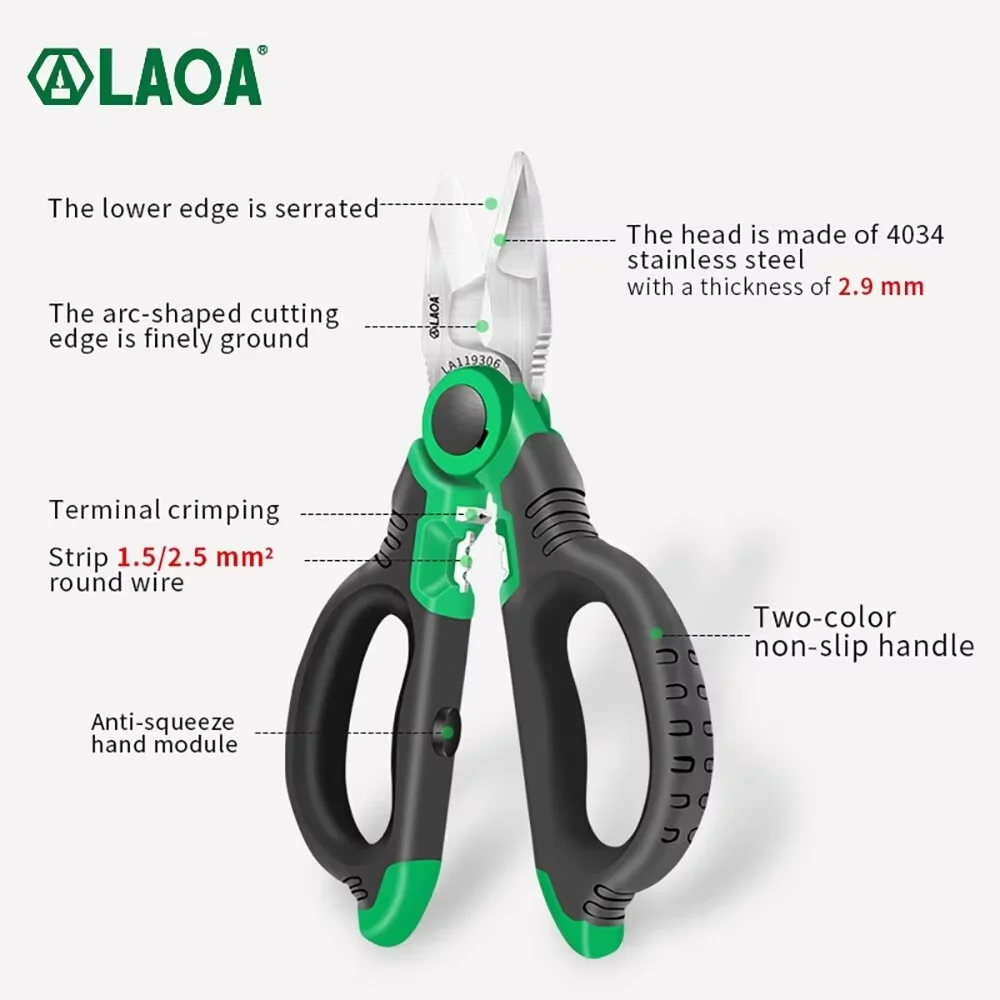 LAOA 6-Inch Multi-Purpose Stainless Steel Electrician\'s Scissors with Non-Slip Grips with Wire Stripping and Crimp Function