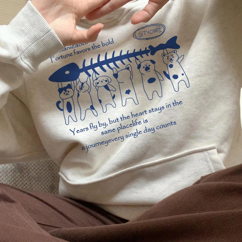 Koreanisches Kawaii-Katzenmuster, lässiges Oversize-Kapuzenpullover für Damen, 2025, Winter, Retro-Samt, Oversize-Damen-Sweatshirt, Y2k