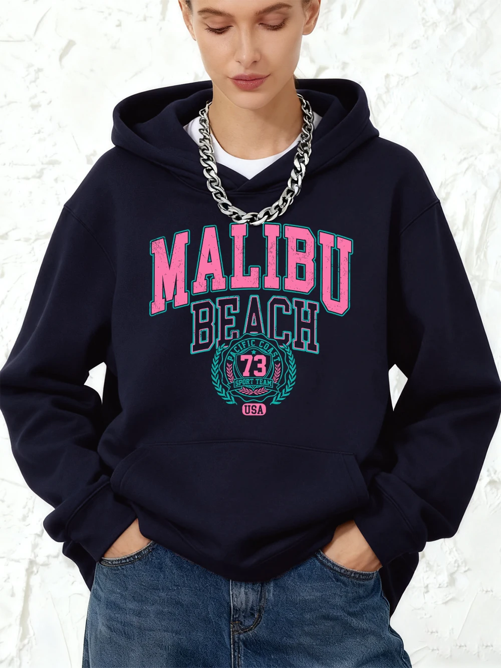 ماليبو شاطئ الطباعة هوديس القطن المرأة رياضي فضفاض البلوز الشتاء الصوف الدافئة بلوزات الركض جيب ملابس امرأة #3