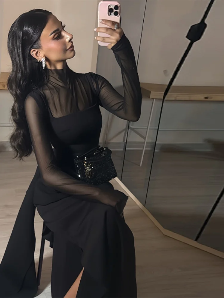فستان نسائي مثير أسود شفاف أنيق برقبة عالية وأكمام طويلة فستان شبكي 2026 ملابس عصرية أنيقة للحفلات المسائية