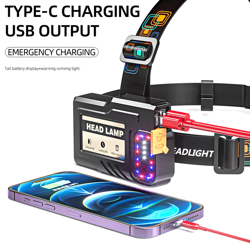 강력한 LED 센서 헤드램프 줌 가능 USB C 충전식 헤드라이트, 흰색 노란색 낚시 조명, 장거리 18650 헤드 손전등