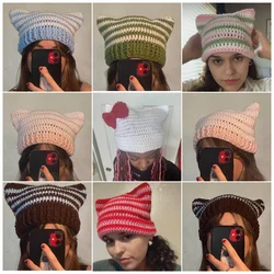 New Japanese Beanie Hat Girls Y2k шапка Cat Ear Knitted Hat Autumn and Winter Cute Cat Ears Pointed Pullover Women Striped Hat