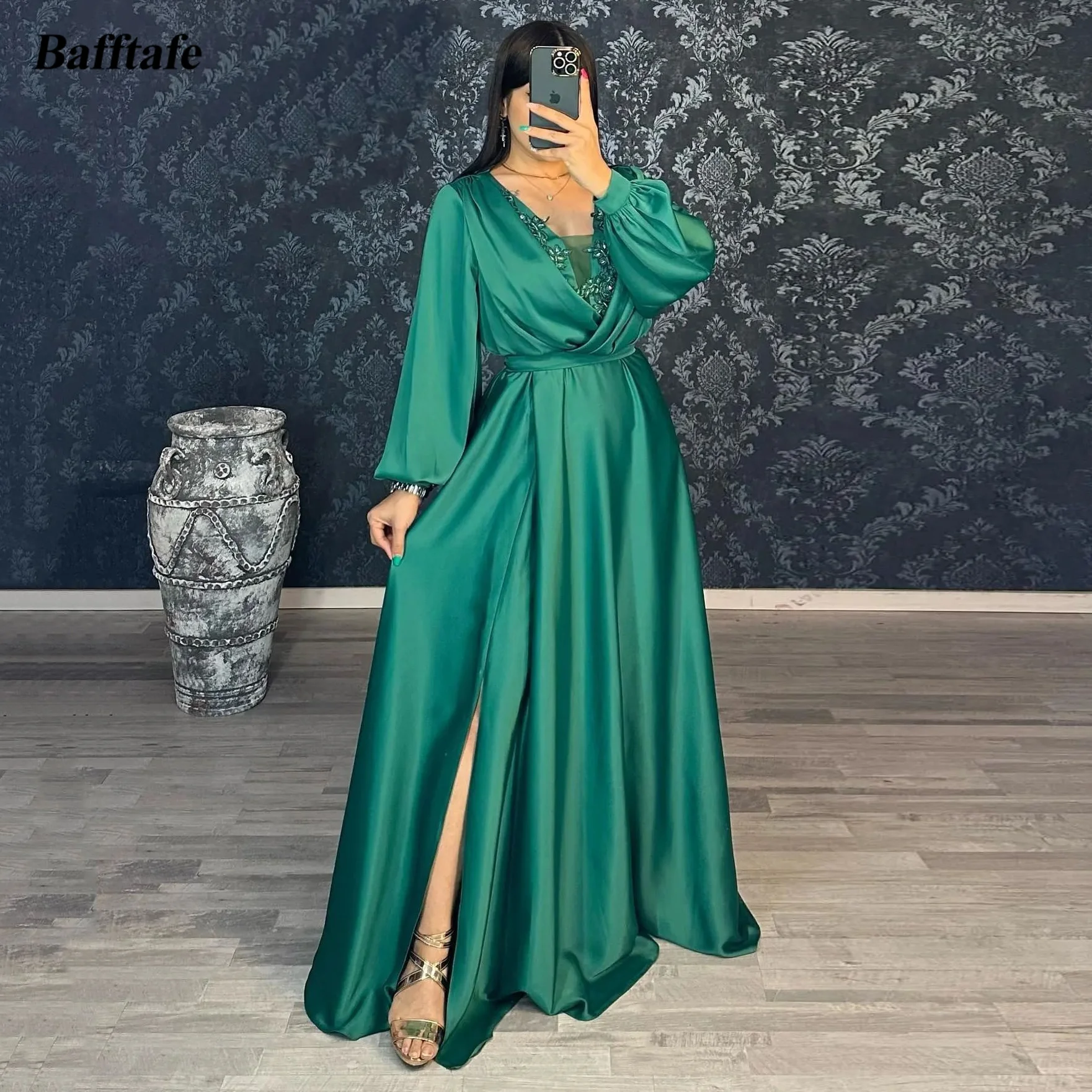 

Bafftafe A Line Green Long Sleeves Evening Dresses Appliques Lace Split Formal Wedding Party Bridesmaid Gowns Women Prom Dress