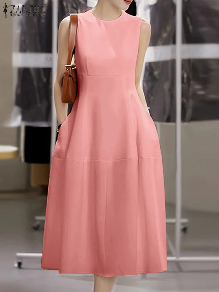 2025 Summer Dress ZANZEA Fashion Sleeveless Work OL Sundress Women Elegant Solid Party Dresses Robe Casual O Neck Midi Vestidos