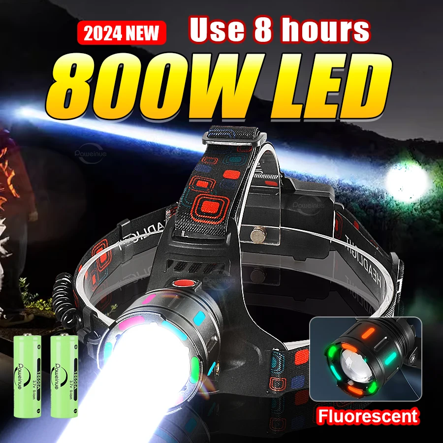 800W Super Bright Head Flashlight Fluorescence Fishing Headlamp High Power Led Headlamp 4 Modes USB Rechargeable Head Flashlight