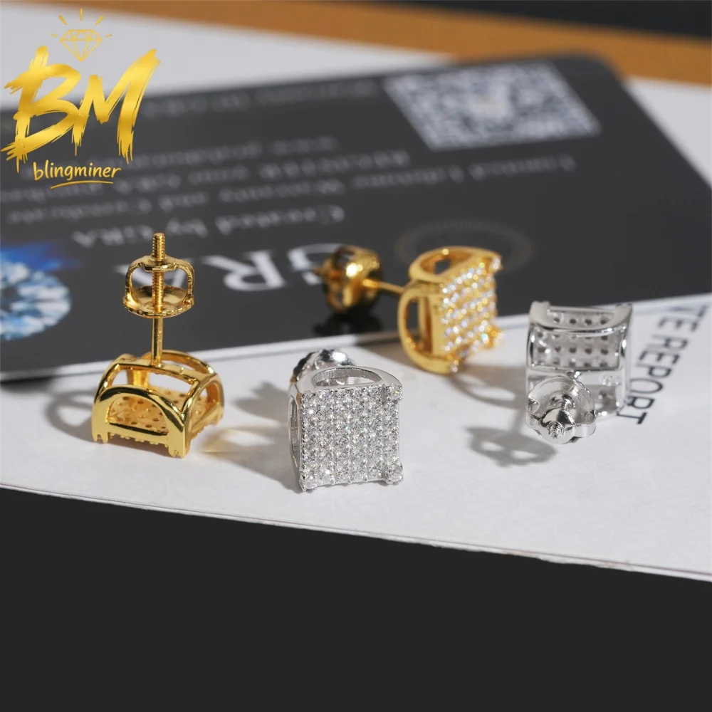 Blingminer Hip Hop Square 8MM S925 Silver VVS Moissanite Earrings For Men Women Ear Studs Jewelry Pass Diamonds Tester Free Ship