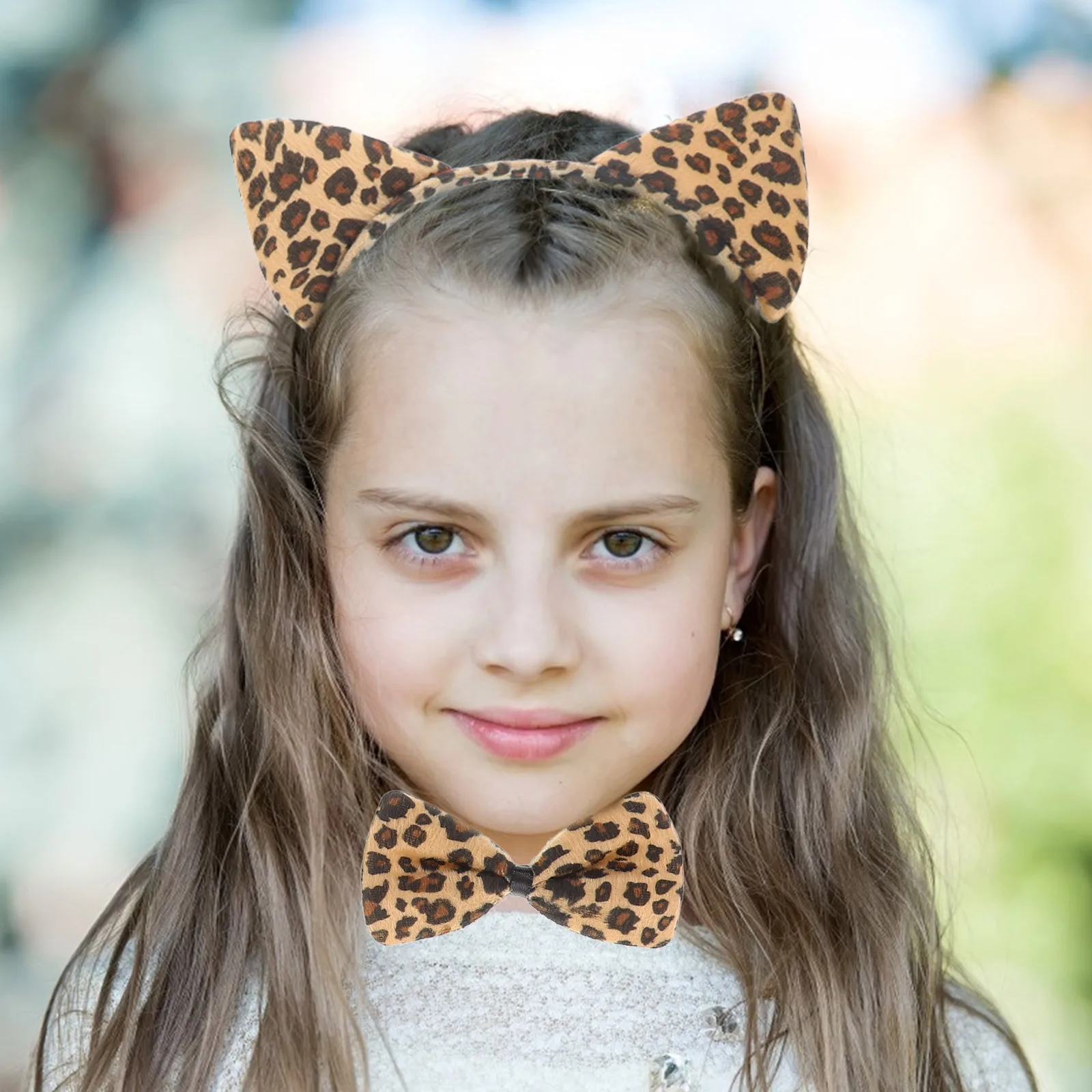 3Pcs Kids Animal Ears Headband Ears Bow Ties Tail Set Party Cosplay Costume Cosplay Fluffy Plush Hairband (Yellow Leopard Print) image 5