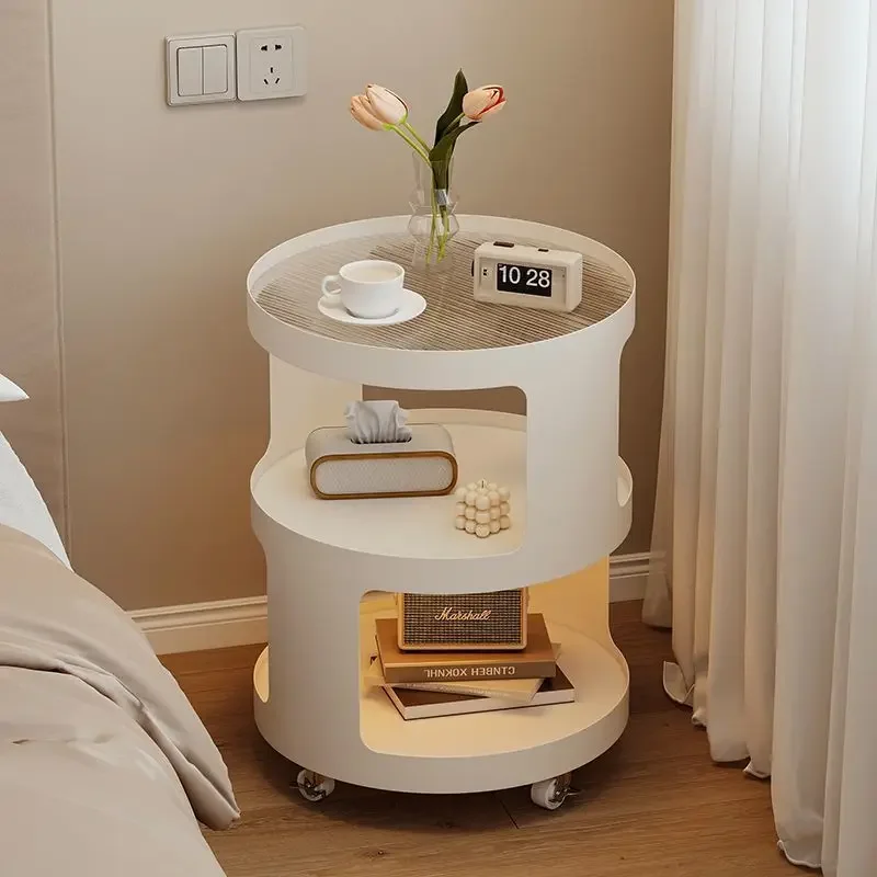 Multi-Tier with Wheels Nightstand 3-Level Storages Side Table Glass Mobile Organizer Minimalist Bedroom & Living Room Furnitures