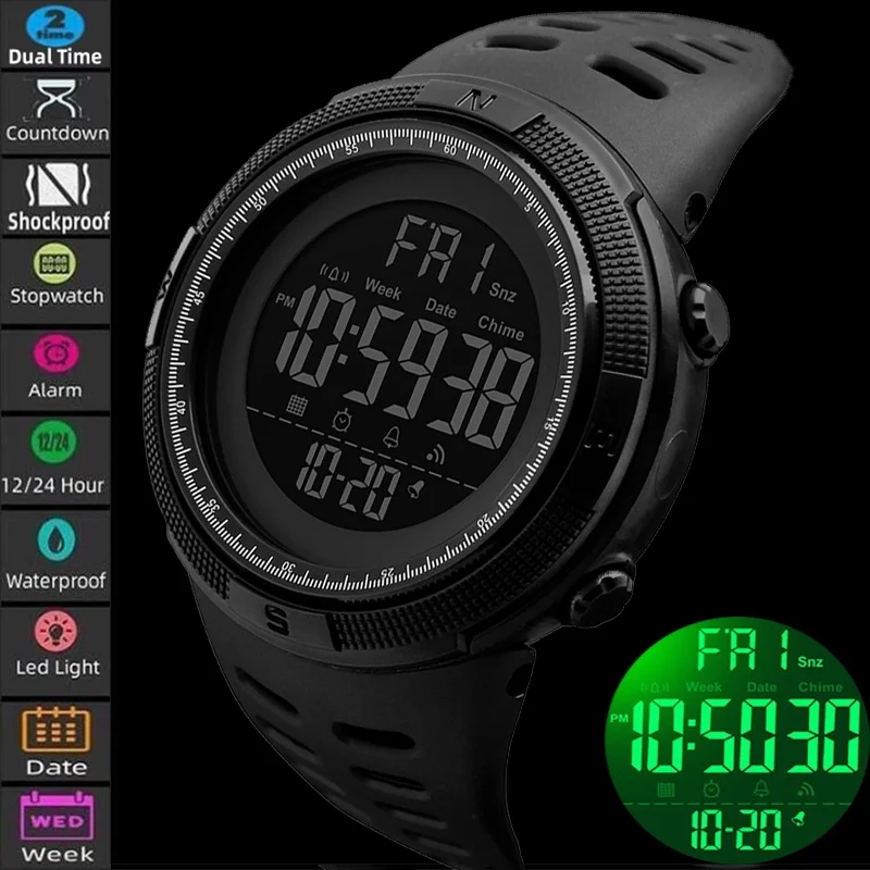 

Skmei модные спортивные часы для мужчин 50 м водостойкий светодиодный хронограф для плавания мужской будильник двойной часовой пояс цифровой обратный отсчет