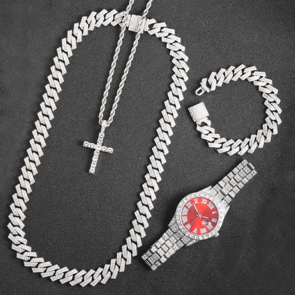 Iced Wacth Set With Gift Box Cross Pendant Hip Hop Cuban Chain Necklace Bracelet Luxury Jewelry for Men