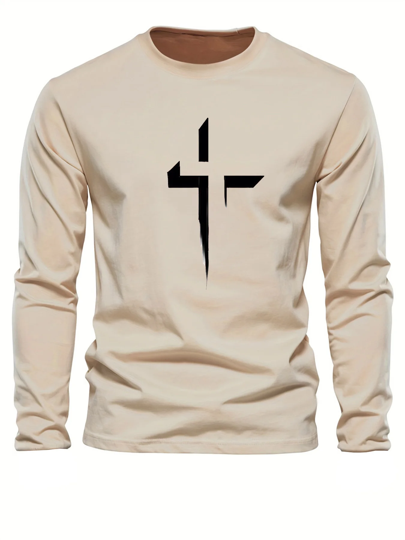 تي شيرت رجالي 100% من القطن الخالص فضفاض مقاس كبير مريح كاجوال رياضي مطبوع برقبة دائرية وأكمام طويلة #4