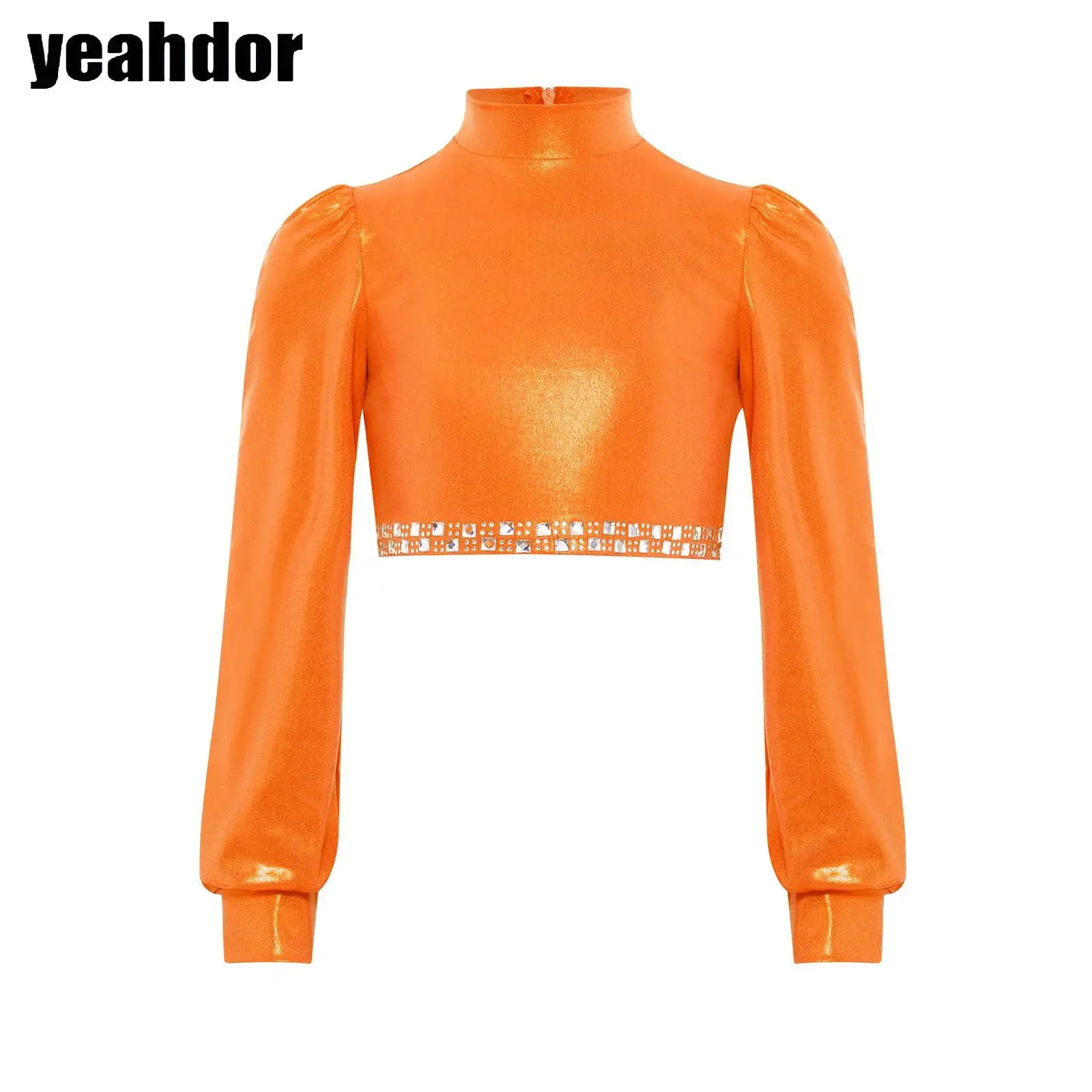 

Girls Hip-hop Jazz Dance Top Mock Neck Long Sleeves Shiny Rhinestones Metallic Crop Tops School Basketball Cheerleading Costumes