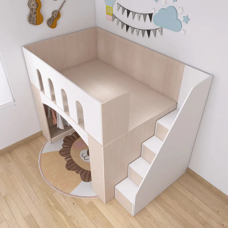 Solid Wood Half-height Bed Wardrobe Integrated Small Apartment Elevated Medium-height Bed Ladder Boys and Girls Secret Base