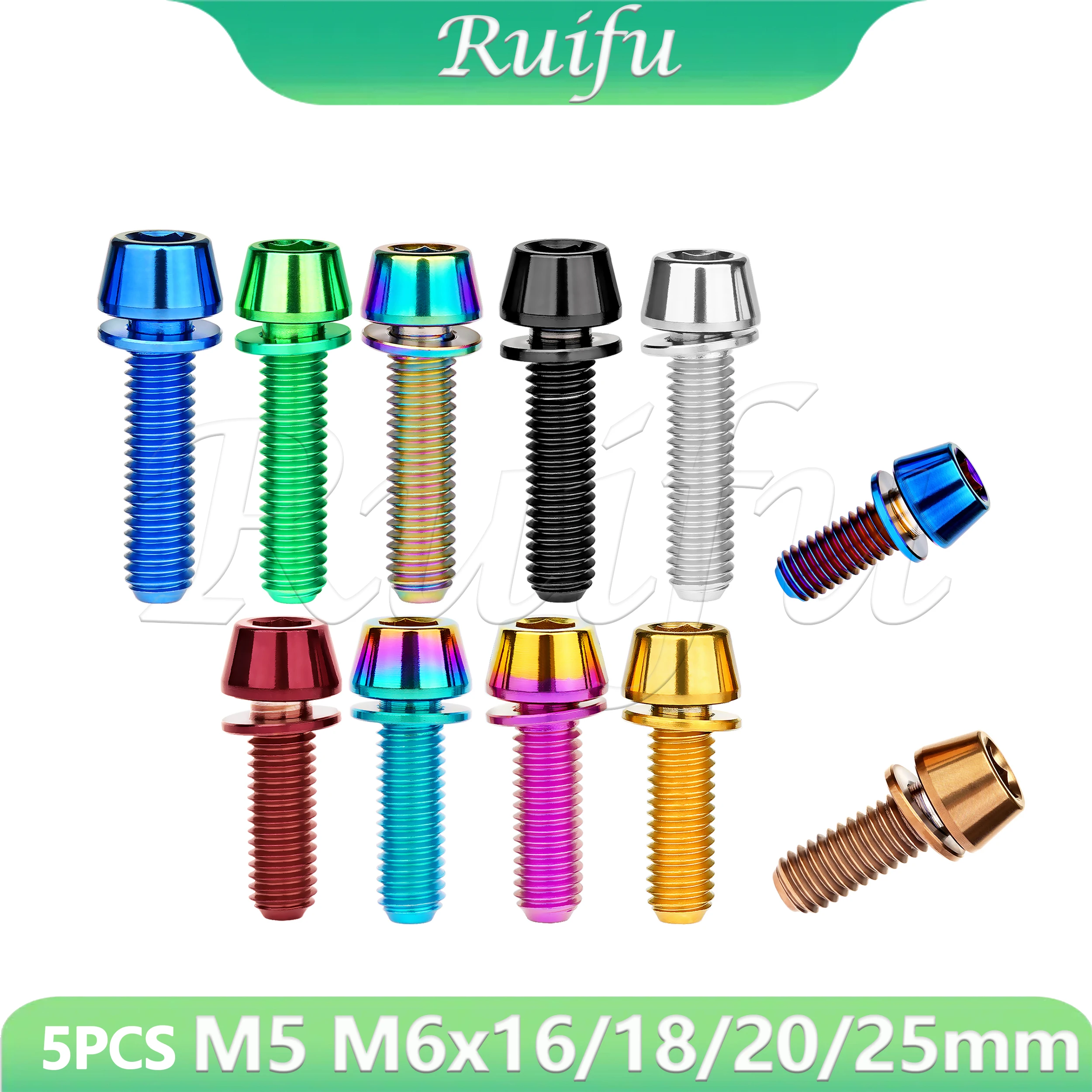 Titanium Bolt 5PCS  M5/M6x16 18 20 25mm Taper Hex Head with Non-Shedding Washer Screw for Bicycle Stem Bike Crank Brake