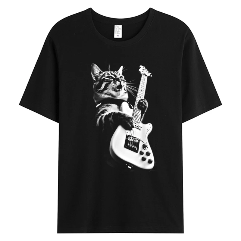 

Rock Cat Playing Guitar Tshirt For Man 2025 Funny Guitar Cat Mens 100% Cotton Clothing Pet Lover Gift Graphic T-Shirt Pink