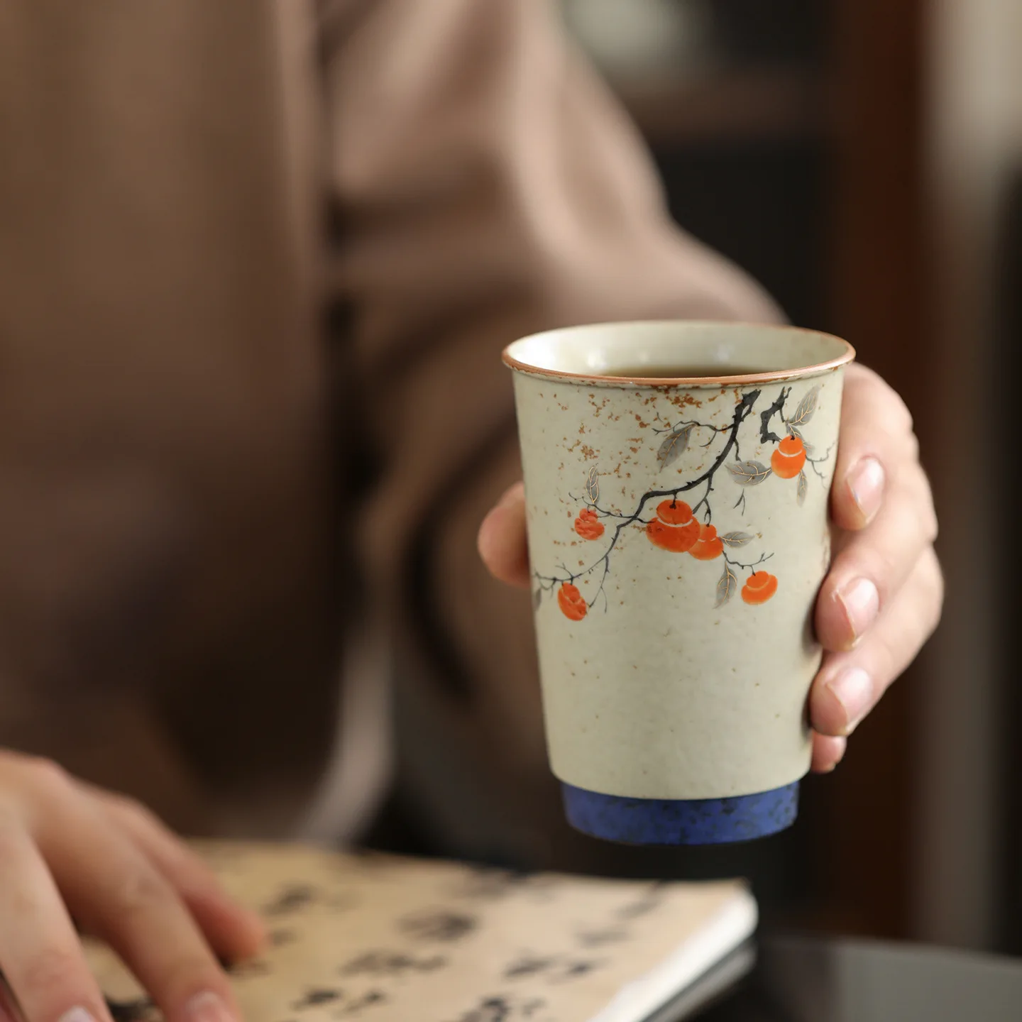 Blue White Flint Red Glaze Persimmon Pattern Ceramic Master Cup Lucky Household Water Milk Cup For Women Tea Decor Gift