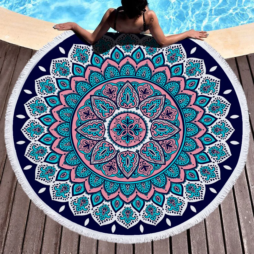 Imagem -03 - Mandala Imprimir Toalha de Praia Bohemian Round Microfiber Absorvente Respirável Toalha de Banho Franja Decorativa Holiday Mat Novo