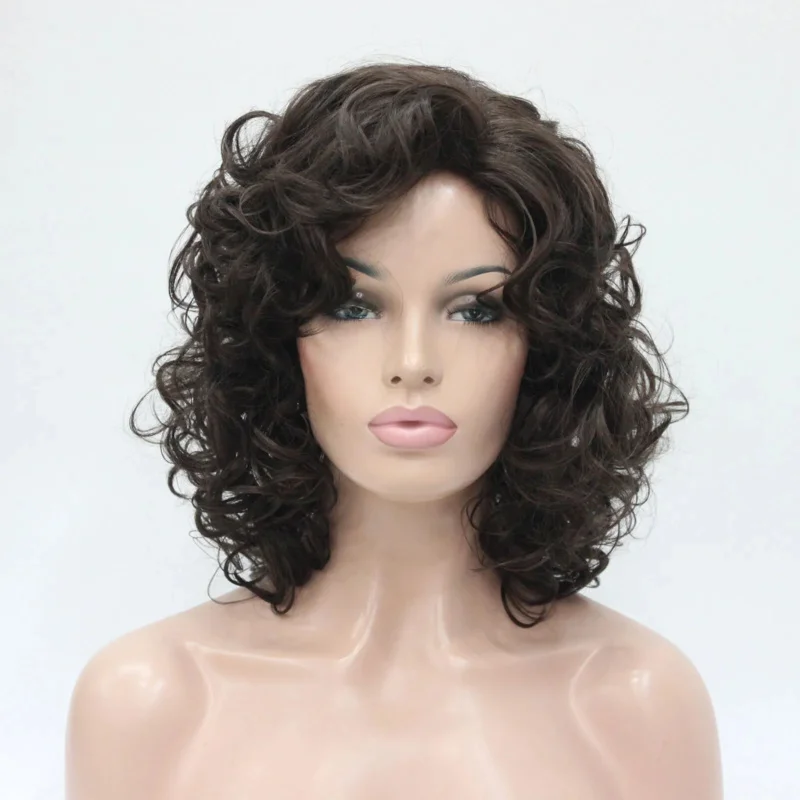 

New Fashion 40cm Length Chestnut Brown Curly Synthetic Hair Women& # x27;s Full Wig