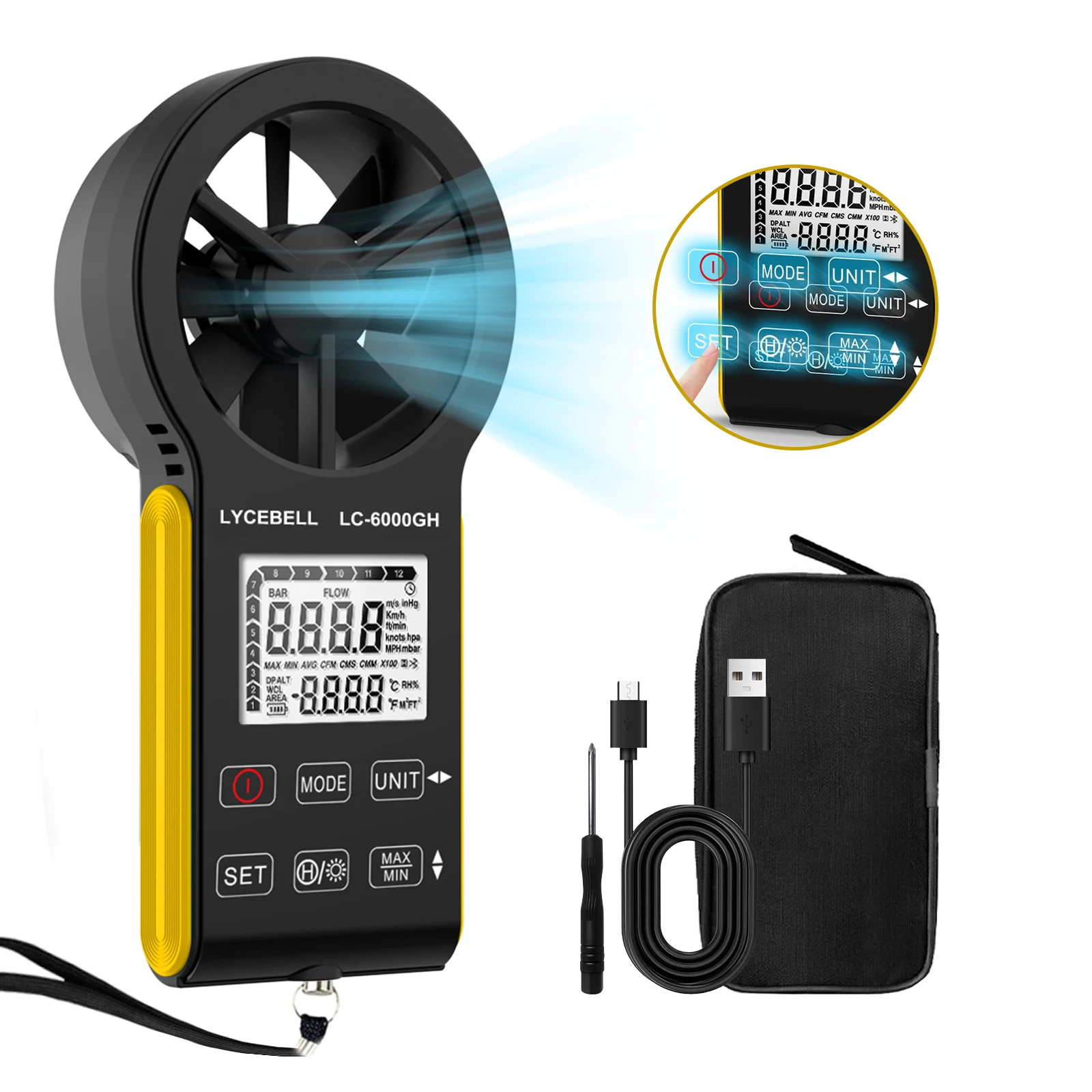 

Измеритель скорости ветра CFM, перезаряжаемый анемометр HVAC, измерение скорости ветра, измерение объема потока воздуха CFM/CMM, портативный тестер воздушного потока