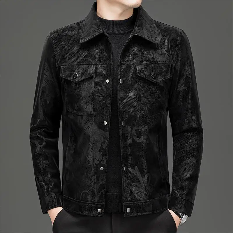 Men's Printed Leather Jacket Casual Single Lapel Autumn Fashion Five Sleeve-Length Other Material Unbranded JD173183710563543...