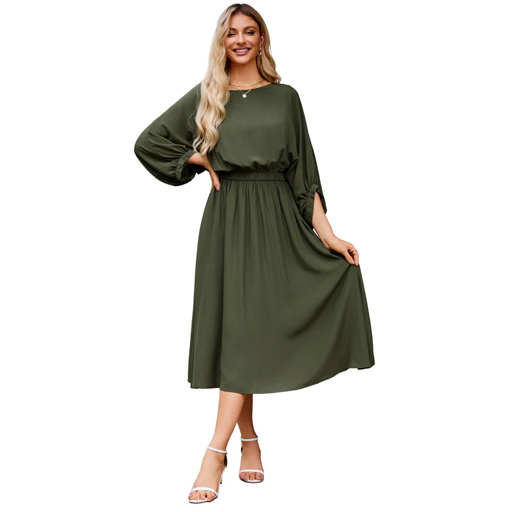 

GK Women Batwing Sleeves Elastic Waist Dress Casual 3/4 Sleeve Crew Neck Mid-Calf A-Line French Urban Dress Women's Long Sleeve