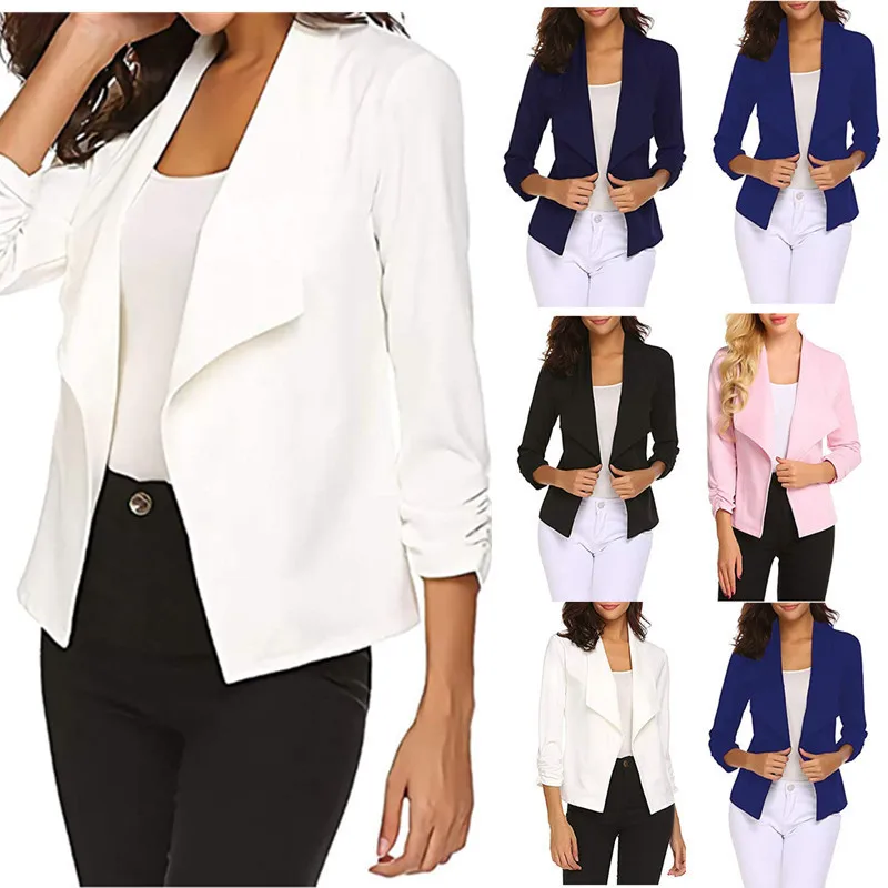 Blazer manga comprida para mulheres, casaco simples e fino para senhoras, monocromático