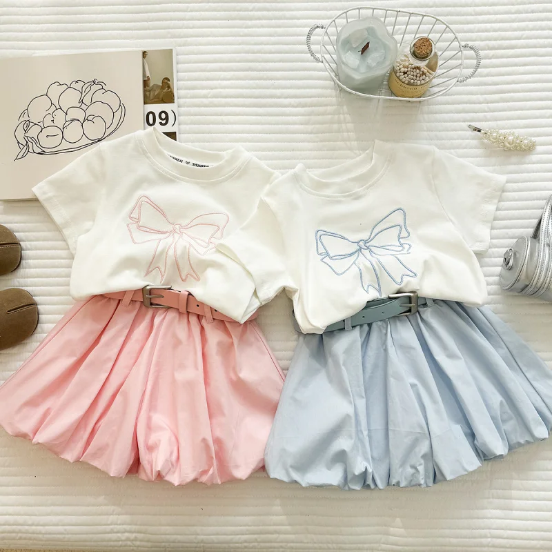 

Girls' Summer Outfit New Embroidered Bow Short Sleeve SetTT-shirt and bloomers shorts casual two-piece set for girls