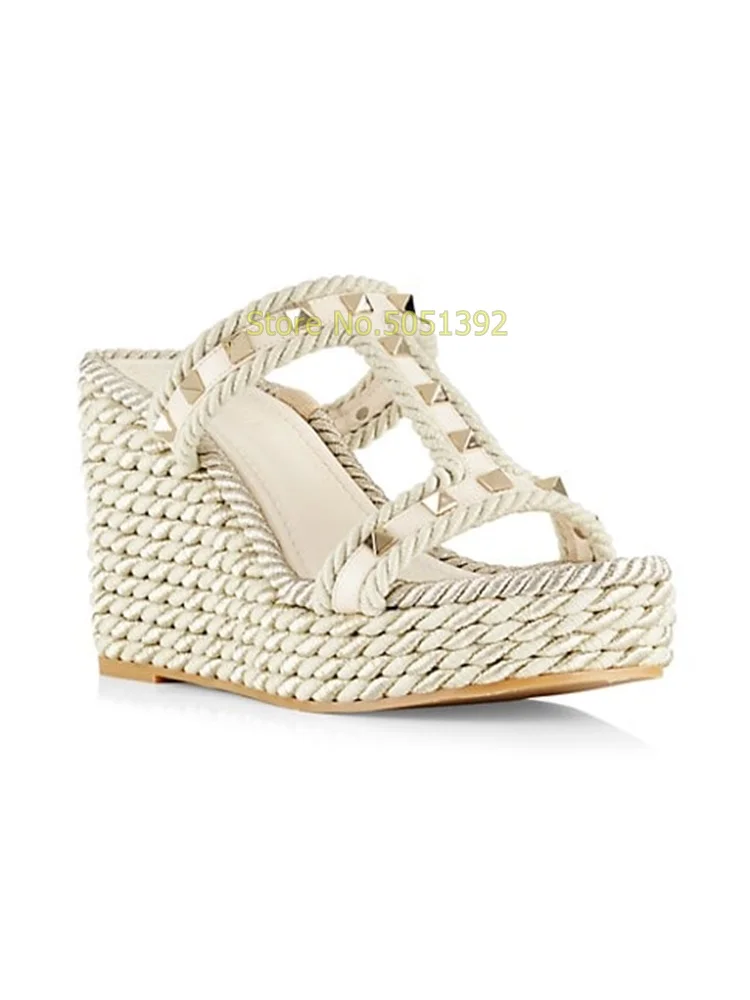 Pink Rockstud Espadrille Wedge Sandals T Strap Open Toe Platform Weave Heel Shallow Slip On Summer Women Dress Sandals