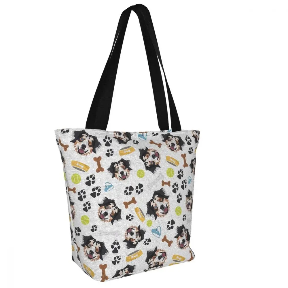 Australian Shepherd Print Canvas Recycle Shopping Bag Large Capacity Smiling Dog Tote Fashion Ladies Casual Zipper Shoulder Bags