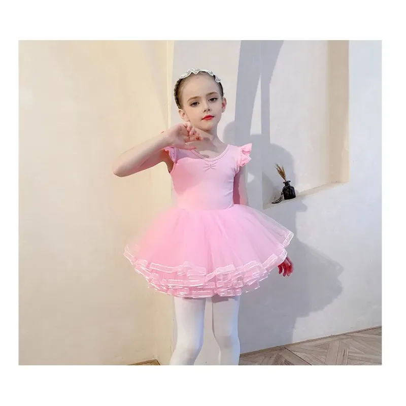 Ballet Leotards for Girl Toddler Short Ruffle Sleeve Tulle Dance 4 Layers Dancer Outfit Rhythmic Gymnastics Bodysuit Dress Skate