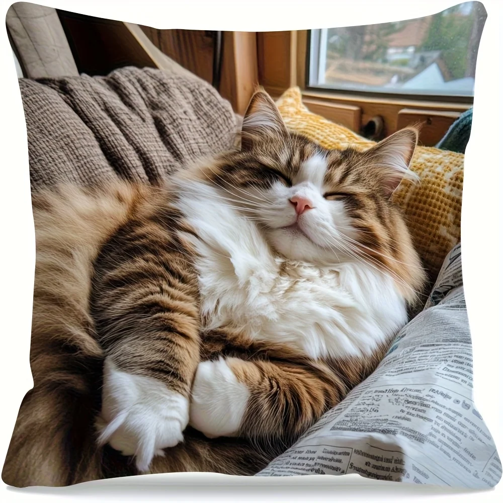 2D flat- Cozy Sleeping Fluffy Tabby Cat Throw Pillow Cover Warm Home Decor Cushion Case for Sofa Bedroom