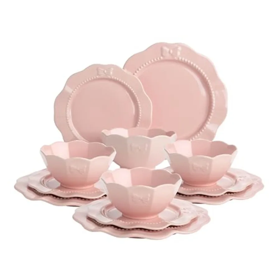 

12-Piece Dinnerware Set Embossed Bow Design Iconic Ceramic Stoneware Service for 4 with Dinner Plates Salad Plates and Bowls Mi