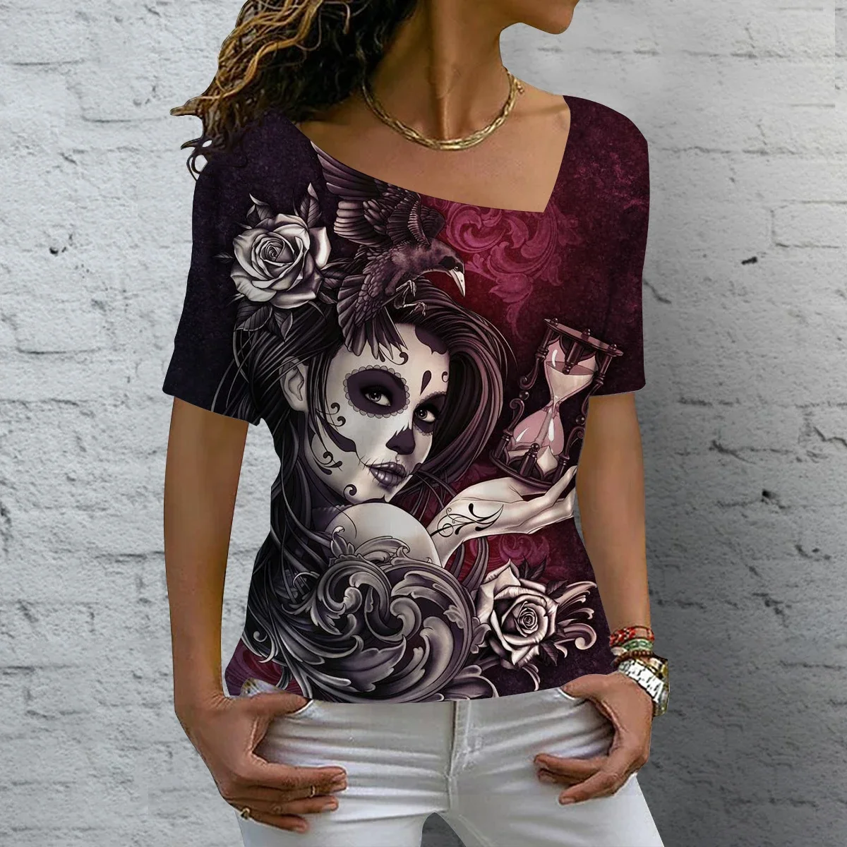 Women\'s T Shirt Vintage Skull 3D Printed V-neck Blouses Casual Short Sleeve Pullover Tops Summer Oversized Harajuku Clothes Tees