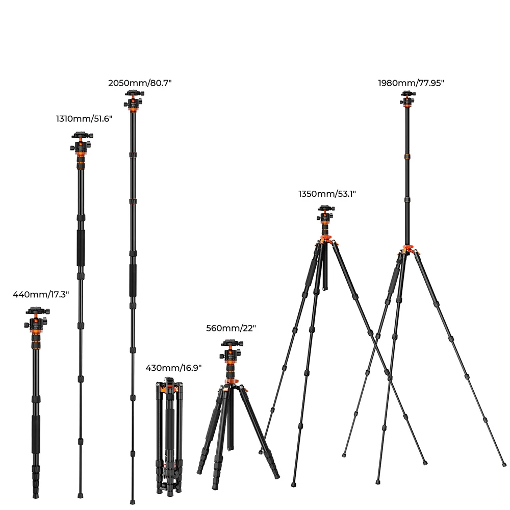 K&F Concept 78 inch/198cm Camera Tripod 3-section Central Axis Travel Tripod with 32mm Metal Ball Head Load Capacity 12KG