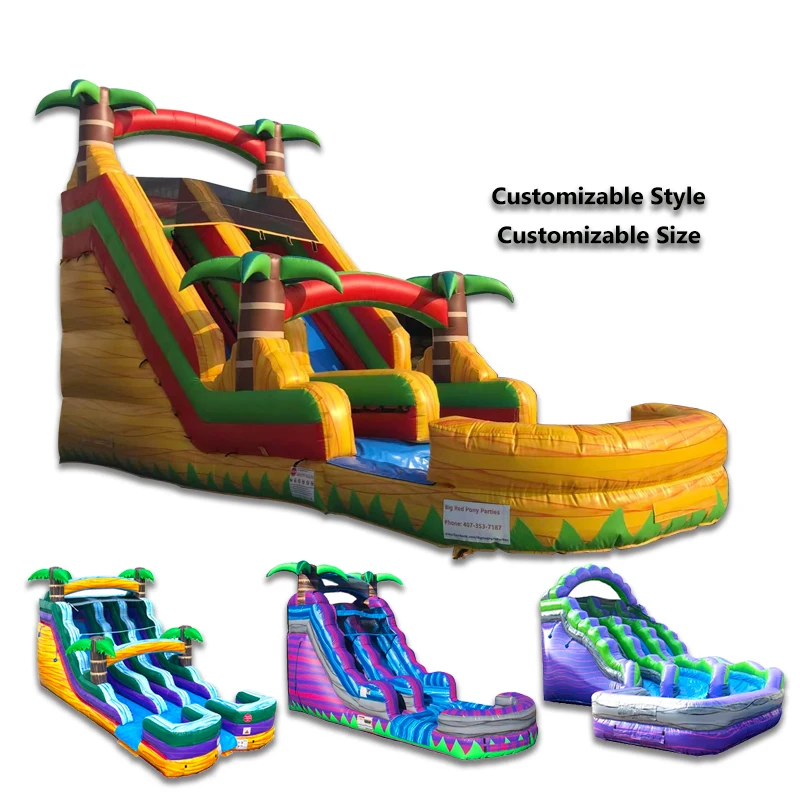 Tobogán de casa de rebote Popular, tobogán acuático de palmera amarilla de mármol, castillo inflable para niños, tobogán hinchable seco y húmedo con piscina