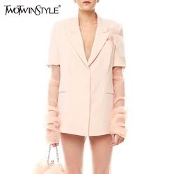 TWOTWINSTYLE Patchwork Mesh Temperament Blazer For Women Notched Collar Long Sleeve Spliced Single Breasted Blazers Female New